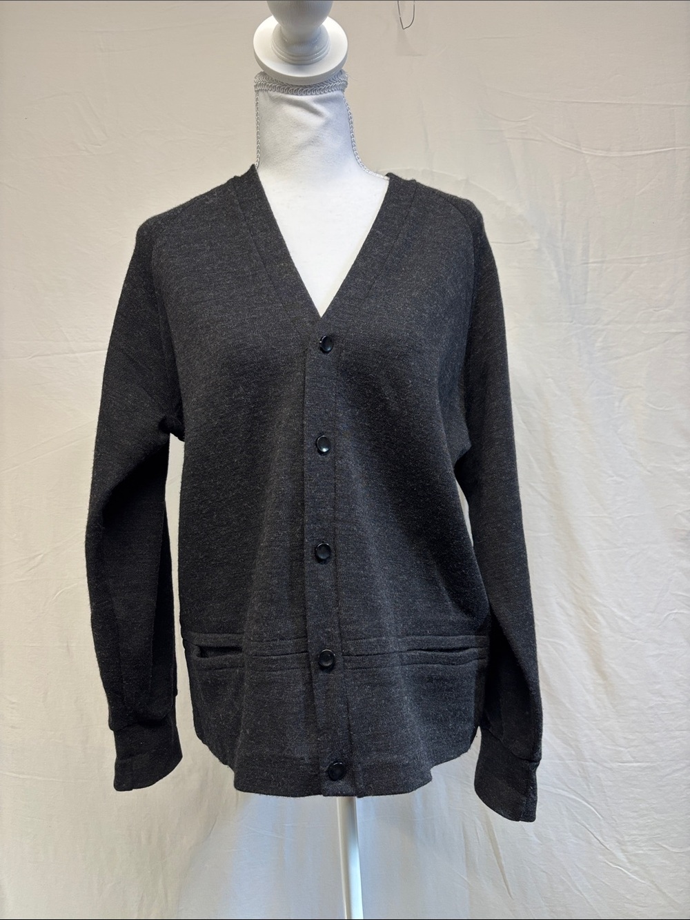 Charcoal V-Neck Button-Front Cardigan Fine Wool Sweater